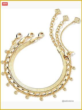 Set of 3 Chain Link Bracelets Gold Plated Herringbone Paperclip Crystal Charm